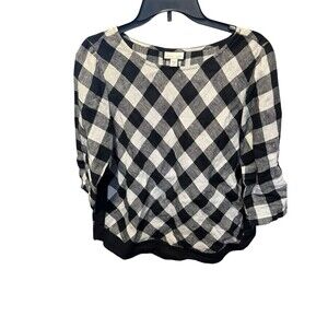 J Jill Love Linen Gingham Buffalo Check Plaid Popover Top Size Medium Petite EUC